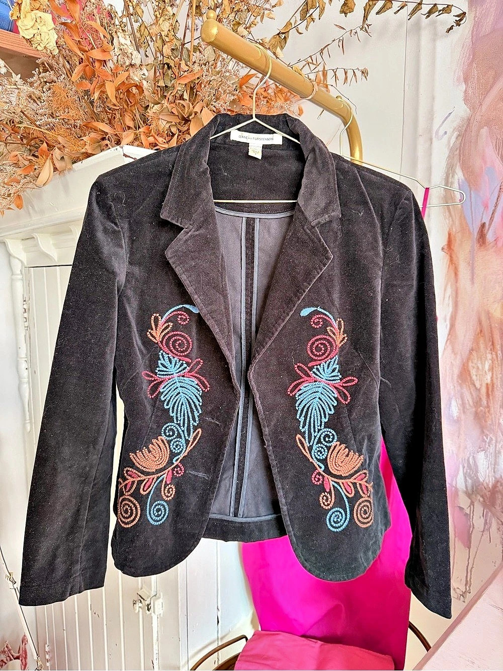 Diane von Furstenberg Embroidered Black Blazer Size 8